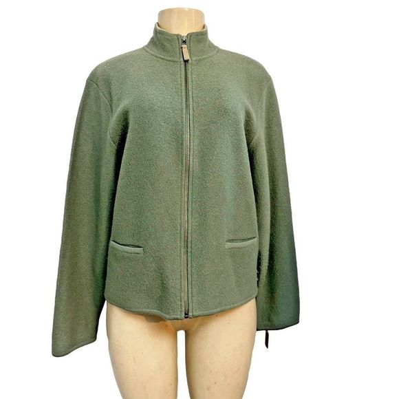 Woolrich Cardigan  Olive Green Cardigan  100%  Lambs Wool Full Zip Size L #1119 - Picture 1 of 16